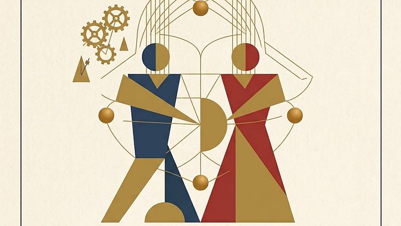 Ilustraci�n constructivista de dos figuras geom�tricas con cabezas circulares unidas por un punto central bajo una estructura arqueada.