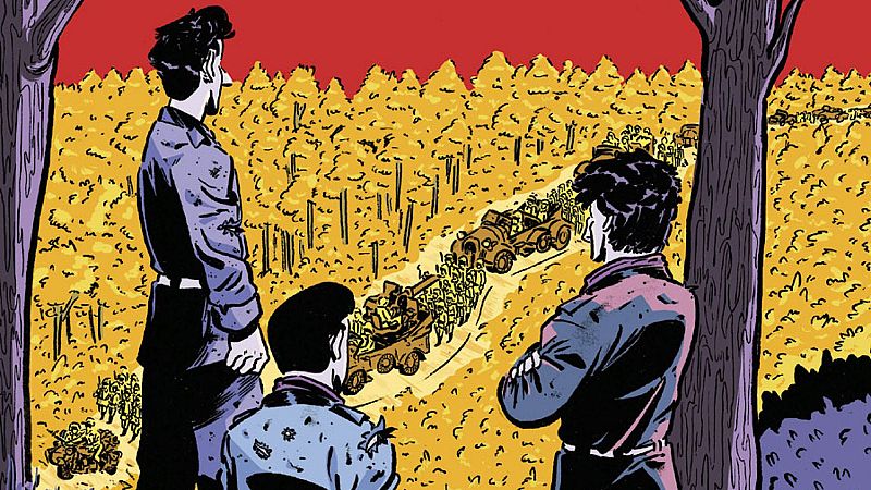 Ilustración estilo cómic con tres hombres observando un convoy militar en un bosque bajo un cielo rojo intenso. Frank T presenta