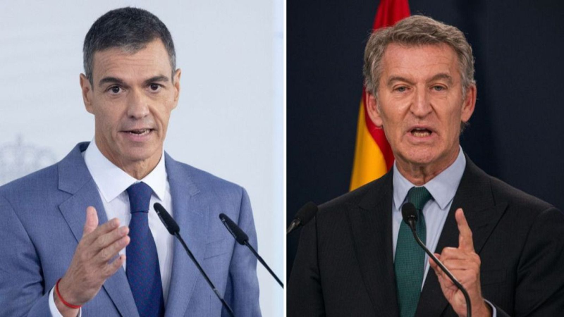 D�ptico fotogr�fico con los l�deres pol�ticos Pedro S�nchez, hablando con la mano abierta, y Alberto N��ez Feij�o, se�alando con el dedo.