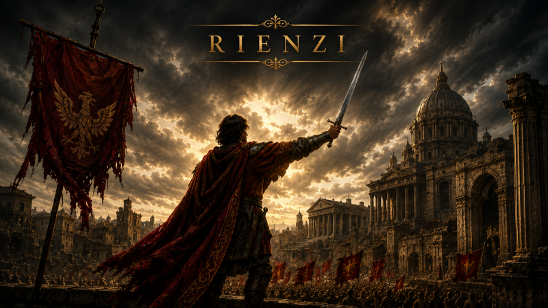 L�der medieval con armadura y capa roja alza una espada ante un cielo tormentoso y una panor�mica de Roma con el t�tulo RIENZI arriba.