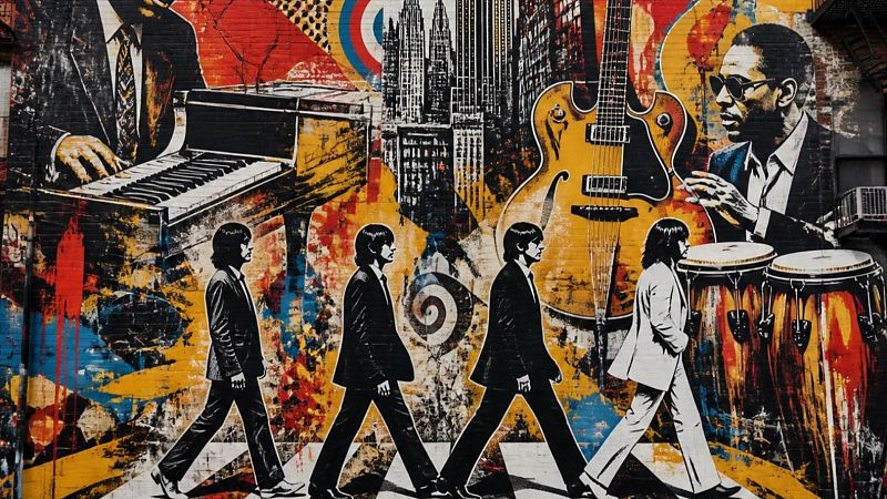 Mural de arte urbano pop art que muestra a The Beatles cruzando Abbey Road junto a instrumentos y elementos musicales sobre una fachada de ladrillo.