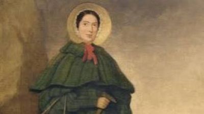 Pintura al �leo del siglo XIX de Mary Anning con sombrero de paja, capa verde con lazo rojo y martillo de ge�logo.