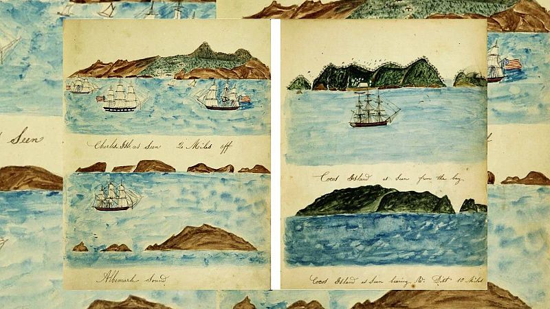 P�ginas de un diario de abordo del siglo XIX con ilustraciones en acuarela de barcos de vela y paisajes costeros acompa�adas de anotaciones manuscritas.