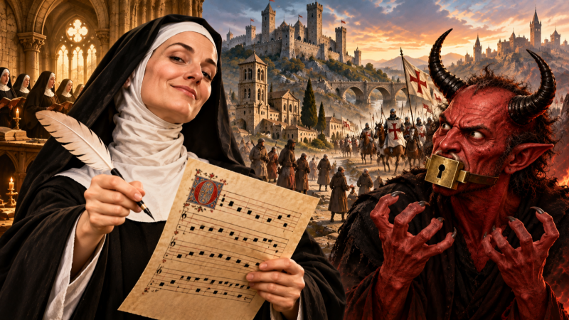 Ilustraci�n medieval con una monja sosteniendo una partitura y un demonio con un candado en la boca.