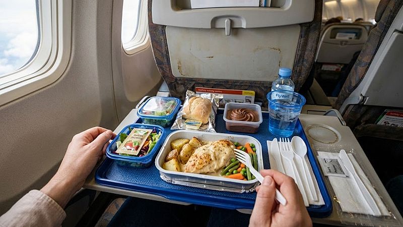 Bandeja de comida de avi�n con pollo, patatas, ensalada y postre sobre la mesita desplegable, con la ventanilla y el cielo nublado al fondo.