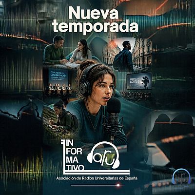 Mujer joven con auriculares profesionales y micrófono en actitud de locución, acompañada de un fotomontaje de escenas universitarias y el logotipo del programa.