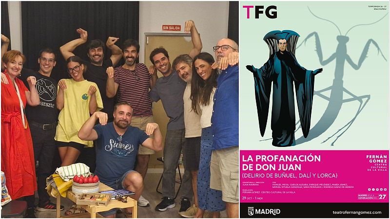 Composición dividida entre una foto de ensayo de la compañía teatral y el cartel oficial con una mantis gigante y textos de la obra.
