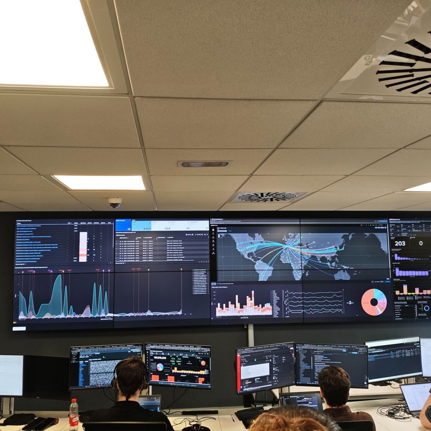 Centro de operaciones de seguridad con analistas ante pantallas que muestran mapas de ciberataques y gráficos de datos.