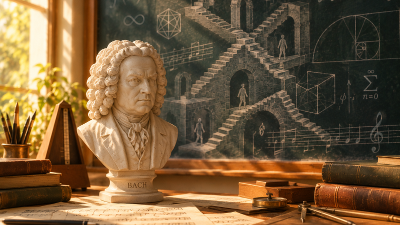 Un estudio cl�sico con un busto de Johann Sebastian Bach, una pizarra con la obra Relatividad de Escher y f�rmulas matem�ticas, y un escritorio con partituras y un metr�nomo.