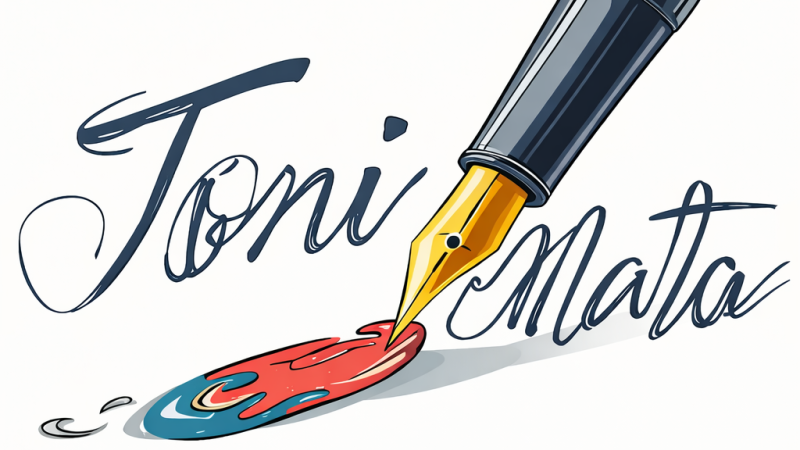 Pluma estilogr�fica azul y dorada sobre una mancha de tinta, flanqueada por el nombre Toni Mata en caligraf�a.