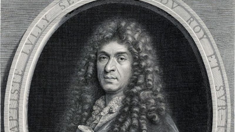 Grabado barroco en blanco y negro del compositor Jean-Baptiste Lully con peluca de rizos y rico cuello de encaje en un medall�n ovalado.