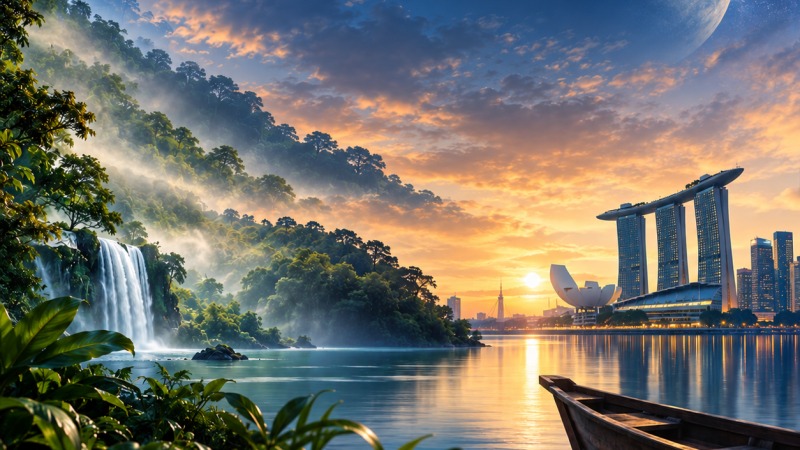 Paisaje digital que fusiona una selva tropical con cascada y un horizonte urbano con arquitectura moderna junto a un lago al atardecer.