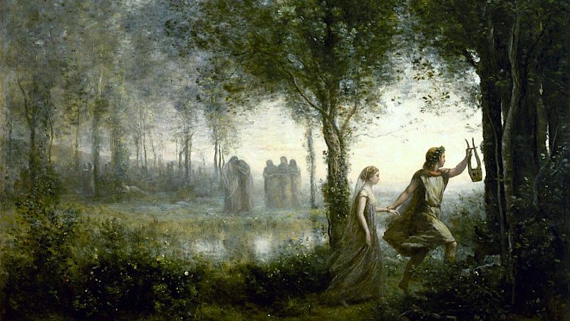 Pintura mitol�gica que muestra a Orfeo guiando a Eur�dice entre �rboles y bruma, sosteniendo una lira y evitando mirarla.