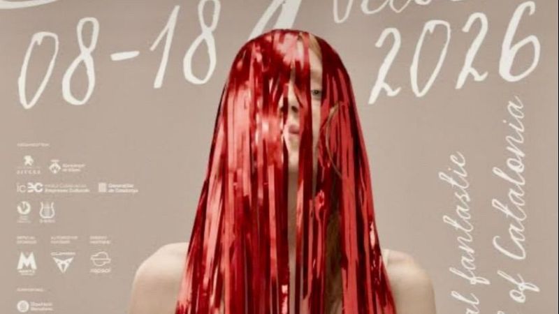Cartel con fondo beige donde una persona lleva el rostro cubierto por tiras de espumill�n rojo, con textos blancos y logotipos institucionales en la parte inferior.