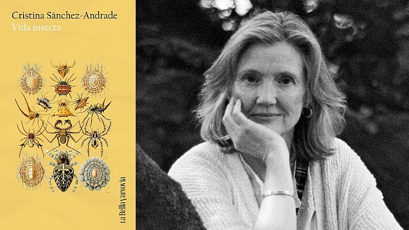 Retrato en blanco y negro de la escritora Cristina S�nchez-Andrade junto a la portada de su libro 'Vida insecta', ilustrada con ar�cnidos.