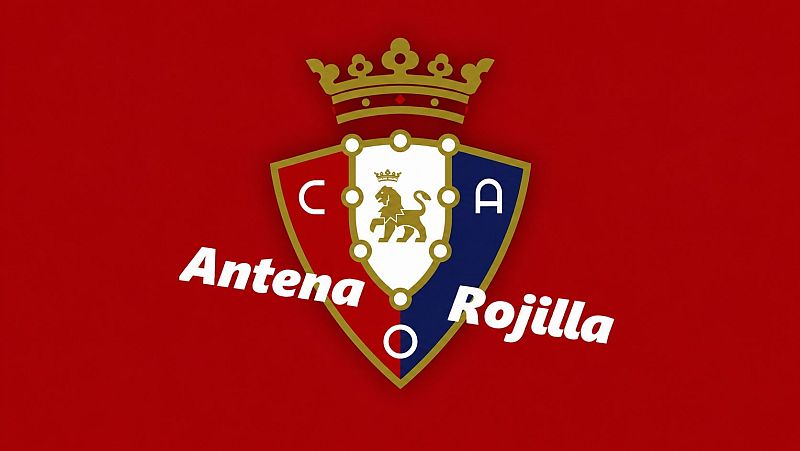 Escudo del Club Atlético Osasuna centrado sobre un fondo rojo carmesí, acompañado por el texto en blanco «Antena Rojilla».