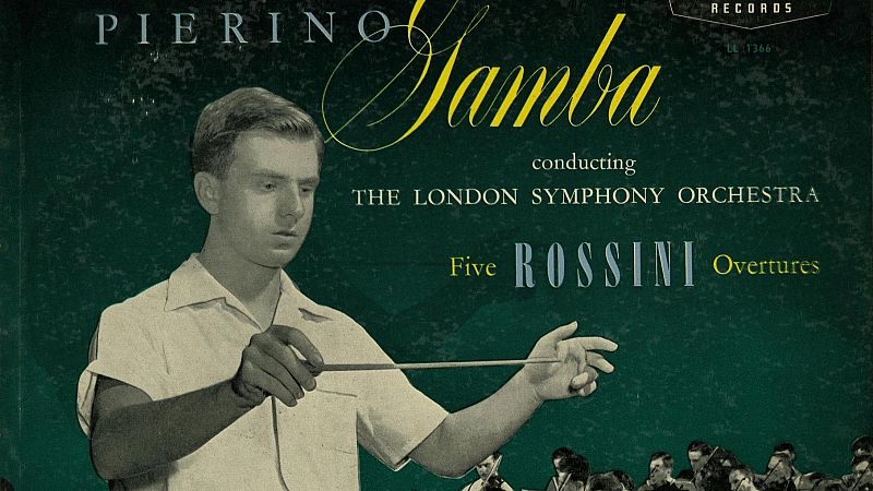 Portada de disco de vinilo con el joven director Pierino Gamba dirigiendo, acompa�ado de una foto de la orquesta y los cr�ditos musicales.