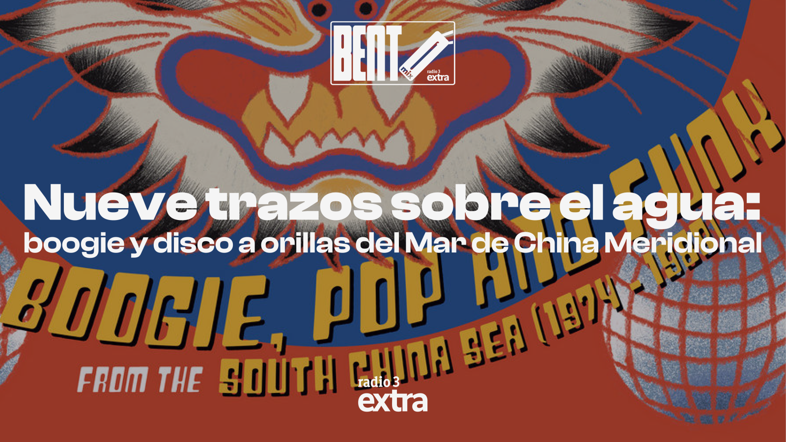 Ilustraci�n retro oriental de un felino mitol�gico rugiendo sobre fondo azul y rojo, con textos promocionales musicales y logotipos.
