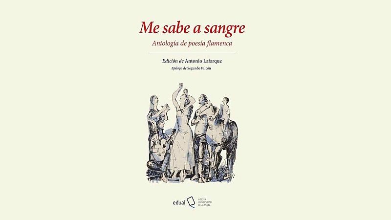 Portada del libro de poes�a flamenca con t�tulo en rojo y una ilustraci�n central de una escena de baile y toque de guitarra.