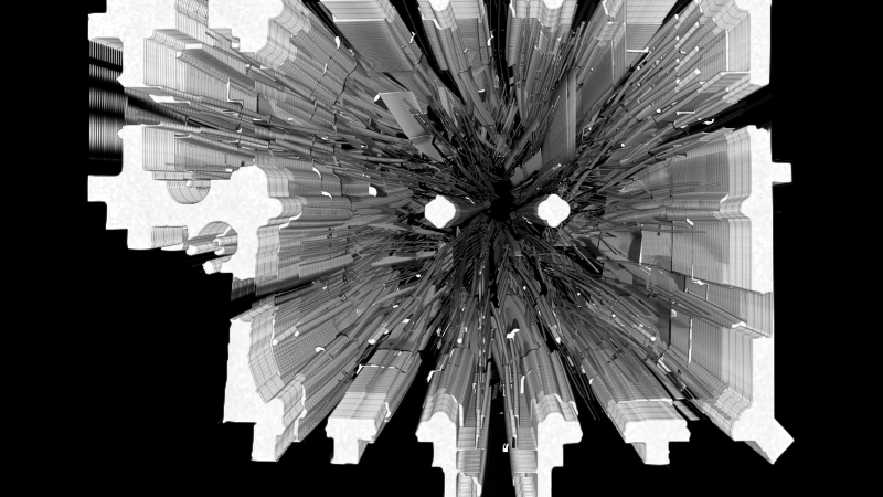 Composici�n digital abstracta en blanco y negro con efecto de t�nel tridimensional que converge en un centro oscuro mediante perfiles arquitect�nicos.