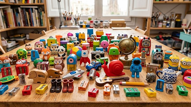 Extensa colecci�n de sacapuntas variados con formas de animales, objetos y personajes ordenados sobre una mesa de madera en un taller luminoso.