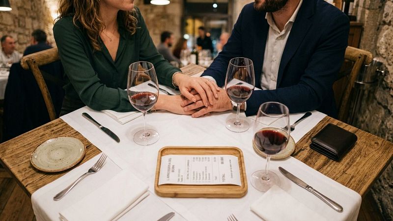 Una pareja entrelaza sus manos con ternura sobre la mesa de un restaurante r�stico, rodeados de copas de vino y vajilla artesanal en un ambiente �ntimo.
