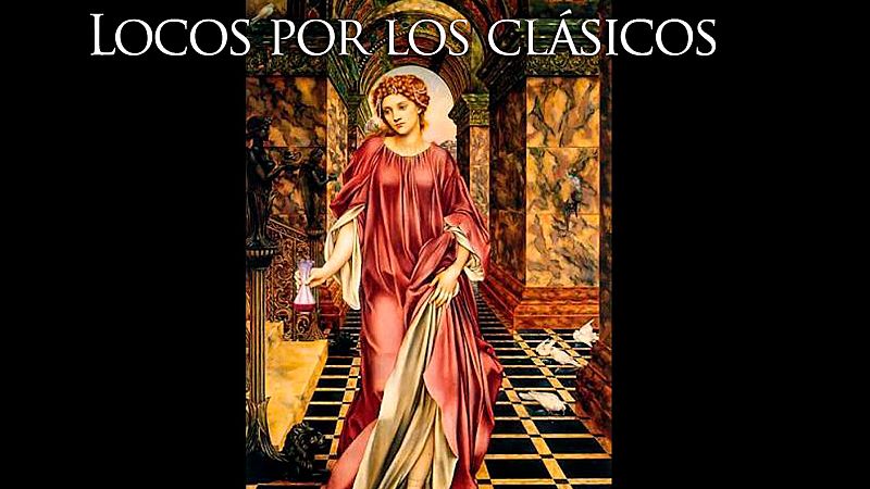 Reproducción del cuadro prerrafaelita Medea con túnica rojiza sosteniendo un frasco, sobre fondo negro y título superior.