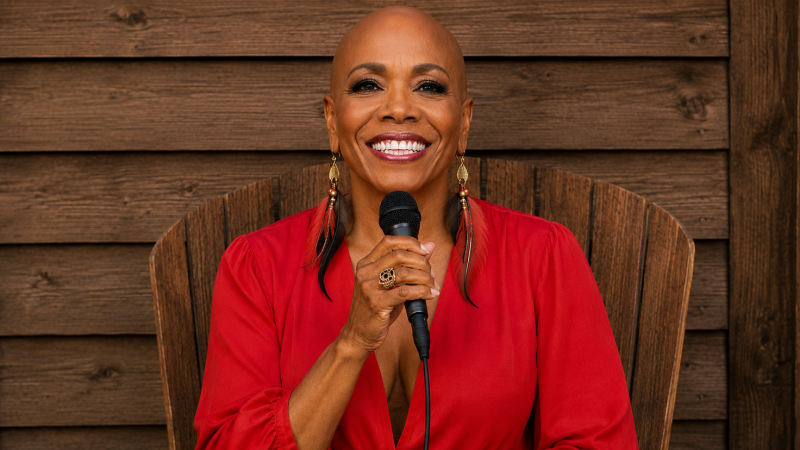 Dee Dee Bridgewater sonr�e a la c�mara en un plano medio, vistiendo blusa roja y pendientes largos con plumas, sosteniendo un micr�fono negro.