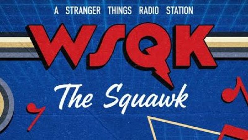 Cartel retro de emisora de radio con fondo azul oscuro, letras rojas de WSQK con borde de rayo, lema The Squawk y notas musicales.