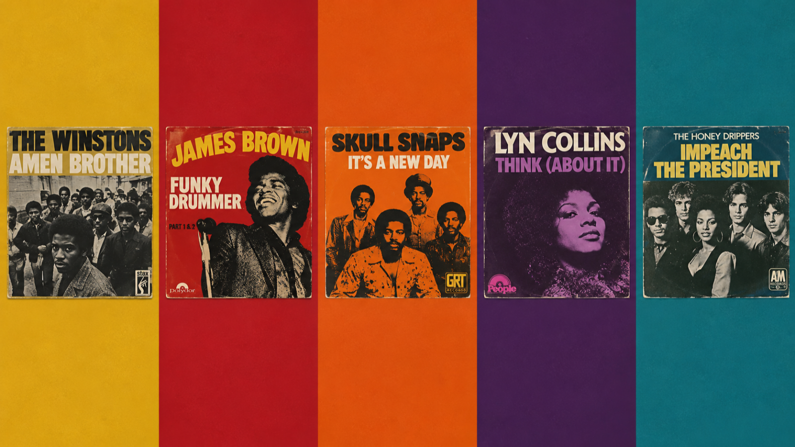 Collage retro con cinco car�tulas de vinilos cl�sicos de funk y soul sobre franjas verticales de colores vivos.