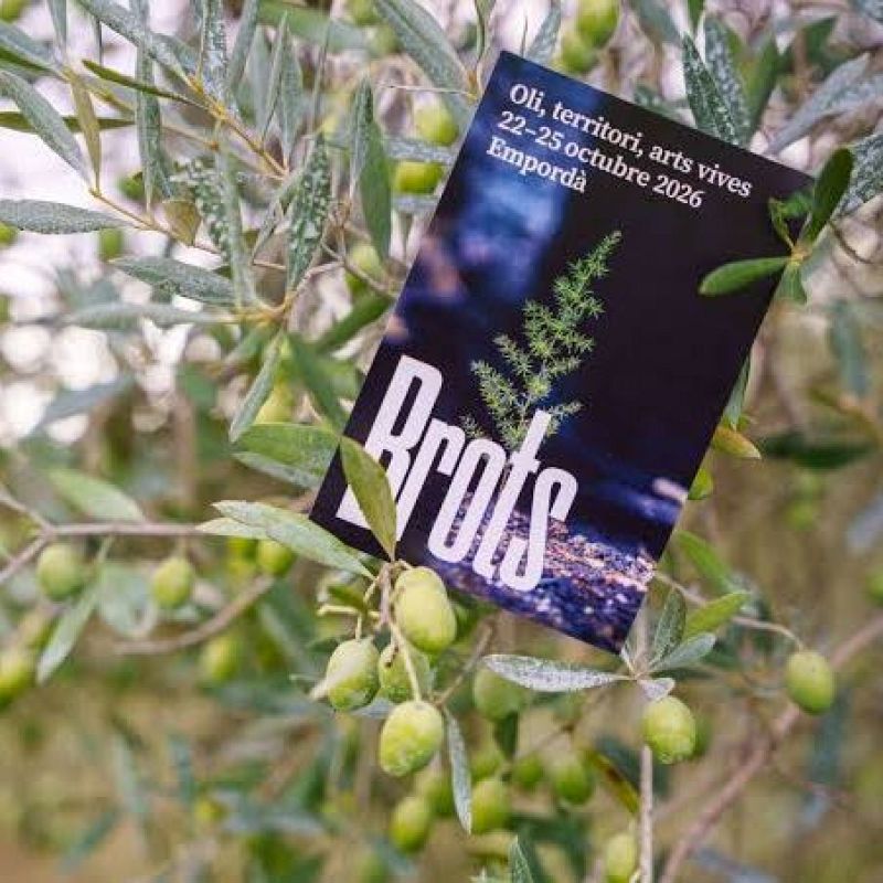Tarjeta publicitaria negra con la palabra «Brots» e información del evento, sostenida entre ramas de olivo y aceitunas.