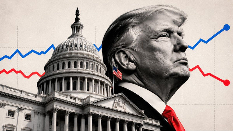 Ilustraci�n pol�tica con retrato de perfil de Donald Trump en blanco y negro, el Capitolio y gr�ficos de l�neas azules y rojas.