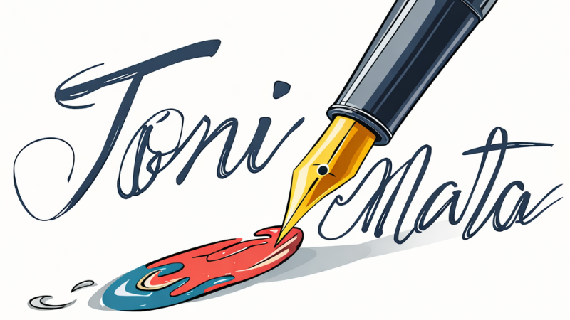 Pluma estilogr�fica cl�sica en diagonal sobre fondo blanco con un charco de tinta multicolor y el nombre del autor en tipograf�a caligr�fica.