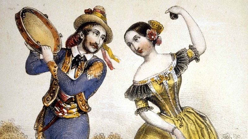 Ilustraci�n costumbrista del siglo XIX de una pareja bailando un bolero tradicional espa�ol con trajes t�picos y pandereta.