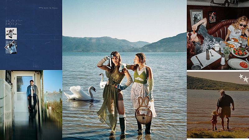 Collage con cinco imágenes editoriales que incluyen a dos mujeres en un lago con cisnes, un hombre en una puerta, dos jóvenes en un restaurante y un hombre con un niño.