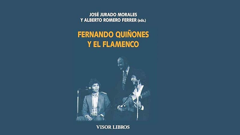 Portada del libro sobre flamenco con una foto hist�rica de Camar�n de la Isla, Fernando Qui�ones y Paco de Luc�a sobre un escenario.