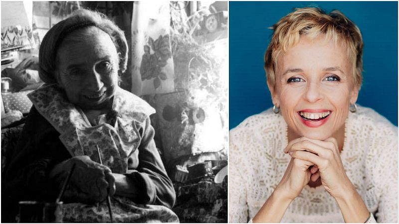 Díptico con el retrato en blanco y negro de la pintora Maud Lewis sosteniendo un pincel y el retrato en color de la actriz Eva Higueras sonriendo sobre fondo azul.