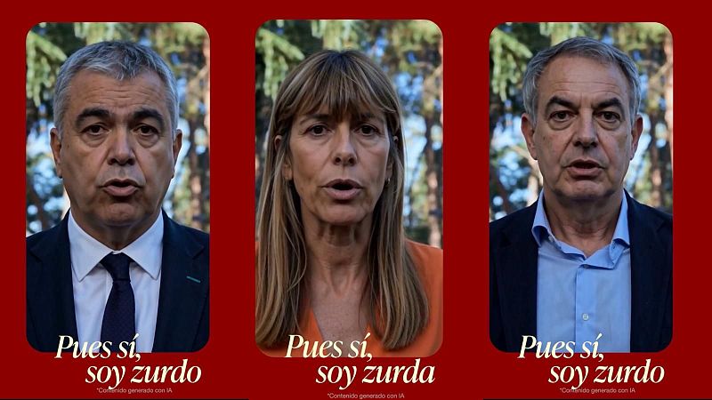 Tres recuadros verticales sobre fondo rojo muestran planos medios de tres personas en la naturaleza, con textos que afirman "Pues s�, soy zurdo" y "Contenido generado con IA".