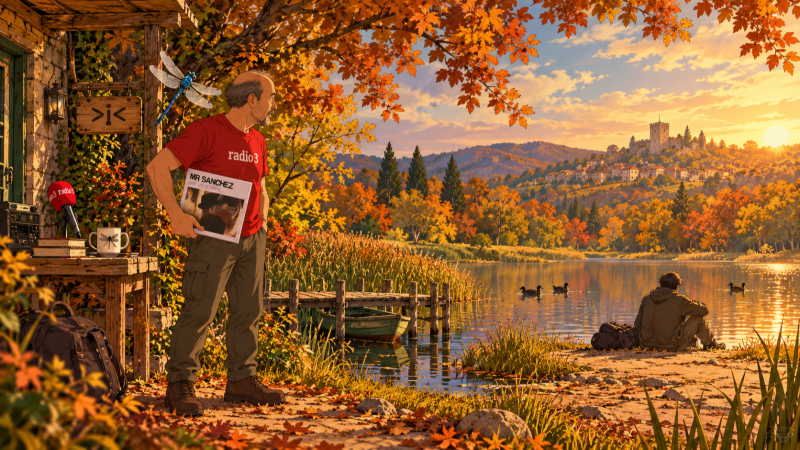 Ilustración otoñal al atardecer junto a un lago con un hombre frente a una cabaña rústica, una mesa con radio y micrófono, y un pueblo con castillo al fondo.