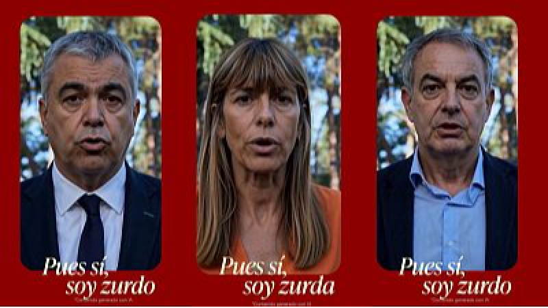 Composici�n publicitaria en fondo rojo con tres paneles verticales que muestran retratos generados por IA de pol�ticos espa�oles y el lema 'Pues s�, soy zurdo'.