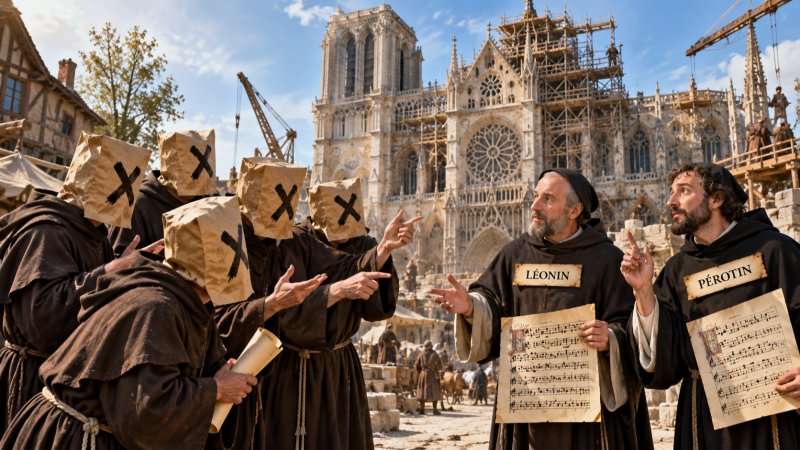 Los compositores L�onin y P�rotin discuten sobre m�sica sacra frente a monjes con bolsas en la cabeza y la catedral de Notre-Dame en construcci�n.