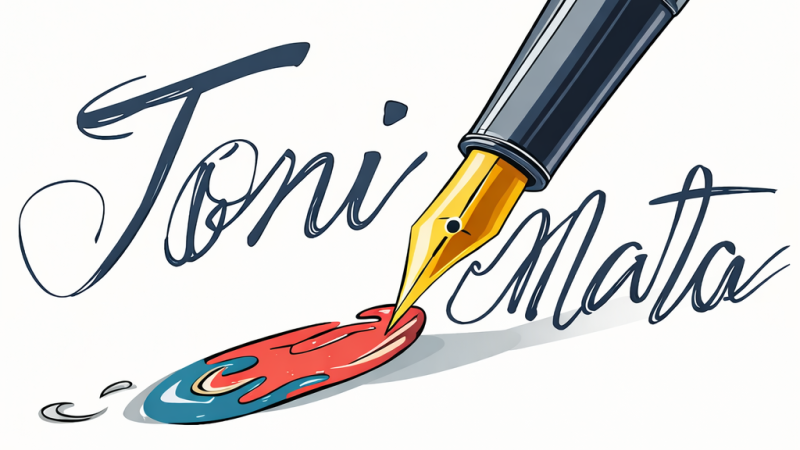 Ilustraci�n de una pluma estilogr�fica dorada y oscura sobre mancha de tinta multicolor con el nombre Toni Mata en caligraf�a.