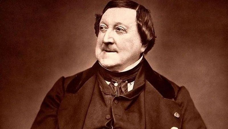 Retrato hist�rico en sepia de Gioachino Rossini con levita oscura, camisa blanca y pa�uelo al cuello.
