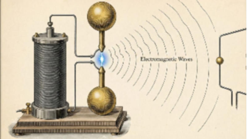Ilustraci�n de estilo cl�sico que muestra un experimento hist�rico con una bobina, un generador de chispas y ondas electromagn�ticas propag�ndose hacia un receptor.