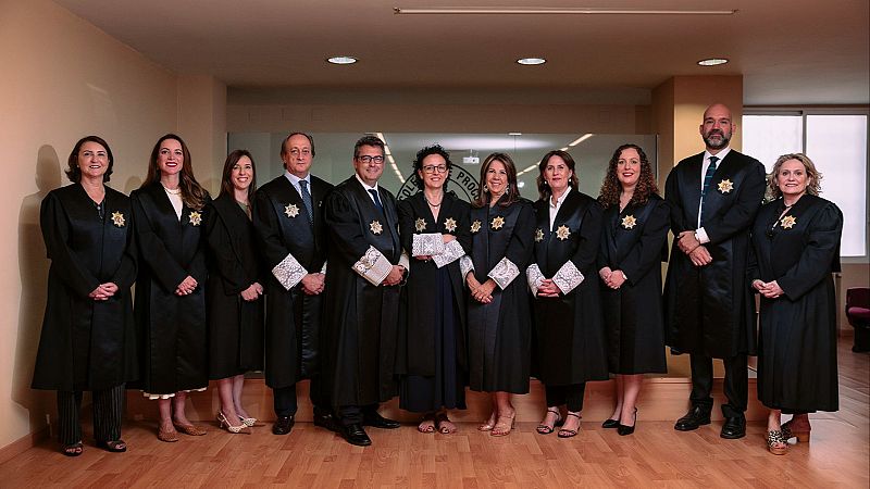 Once miembros de una junta profesional posan en fila con togas negras, puñetas de encaje e insignias doradas en una sala corporativa.