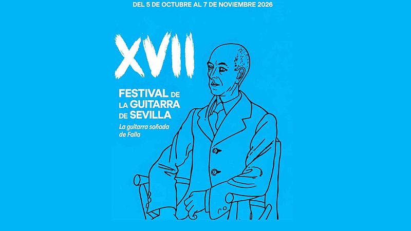 Cartel azul cian con texto en blanco del Festival de la Guitarra de Sevilla y una ilustraci�n lineal de Manuel de Falla sentado.