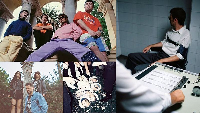 Collage con cuatro fotograf�as de grupos de j�venes posando, una escena cenital con restos de tarta y una simulaci�n de prueba de pol�grafo.