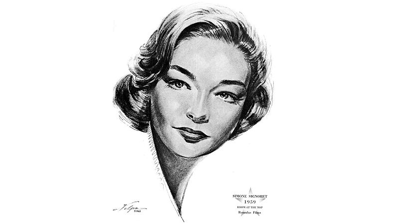 Retrato en blanco y negro de la actriz Simone Signoret con ondas en el cabello, firmado por Nicholas Volpe junto a una inscripci�n con su nombre y el a�o 1959.