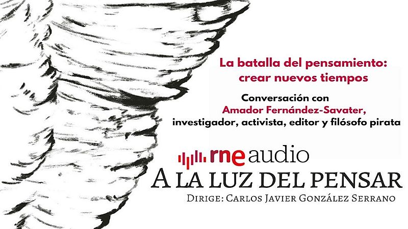 Cartel de podcast con fondo blanco, ilustraci�n alada en blanco y negro a la izquierda y texto informativo en negro y granate a la derecha, incluyendo el logotipo de RNE Audio.