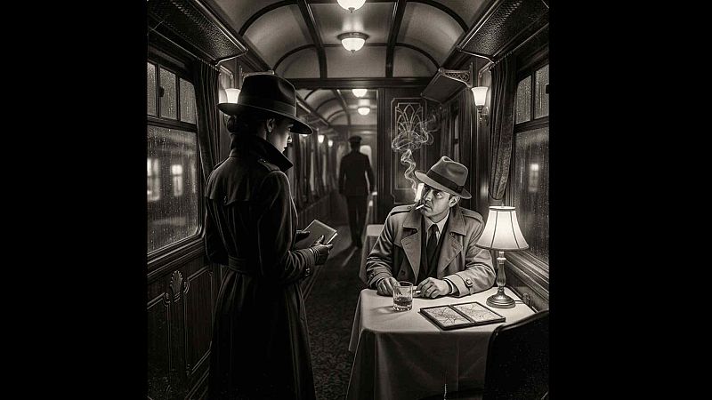 Escena de cine negro en un vag�n de tren con una mujer y un hombre con gabardina y sombrero conversando junto a una mesa.